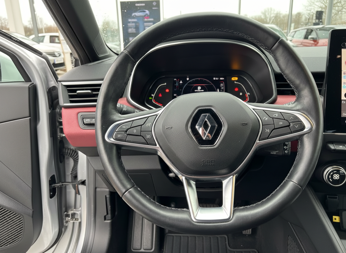 Renault Innenraum Lenkrad mit digitalem Kombiinstrument und rotem Armaturenbrett-Akzent