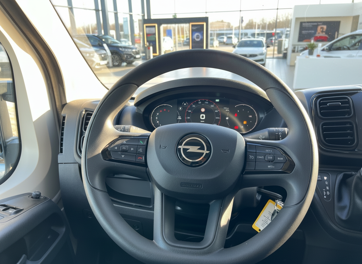 Opel Movano Innenraum – Lenkrad mit Opel-Logo und digitales Kombiinstrument im Autohaus
