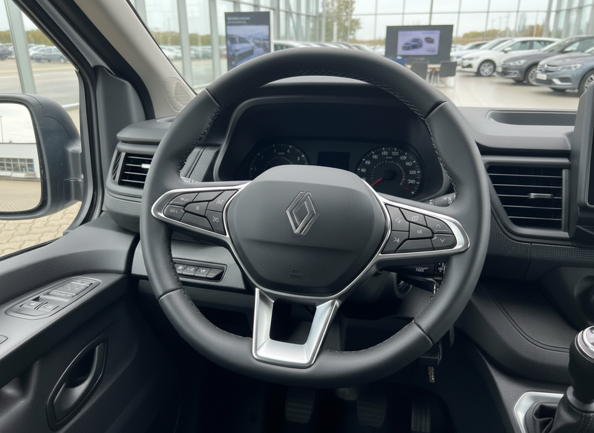 Renault Innenraum Lenkrad mit Logo, Armaturenbrett und Instrumente – modernes Fahrzeuginterieur