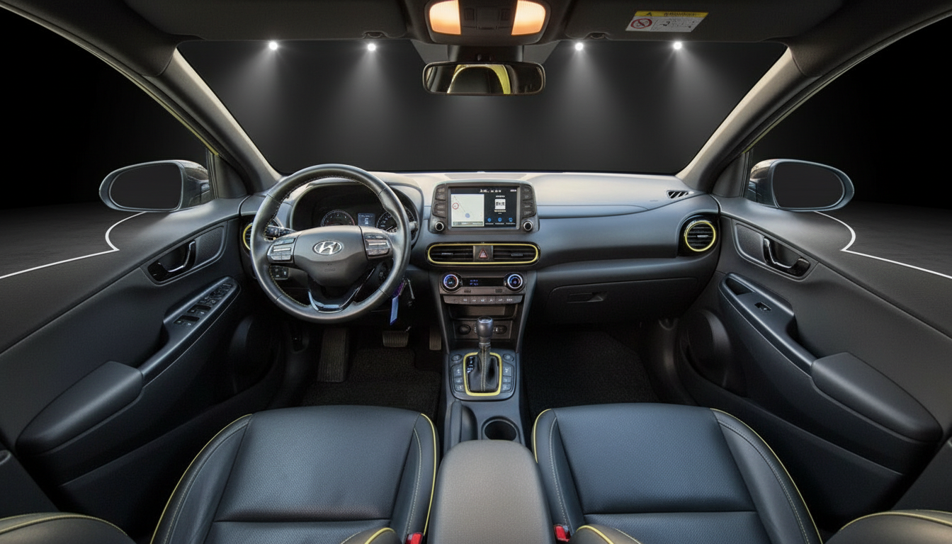 Hyundai Kona Innenraum mit schwarzem Leder, gelbem Ziernaht und Touchscreen-Infotainment