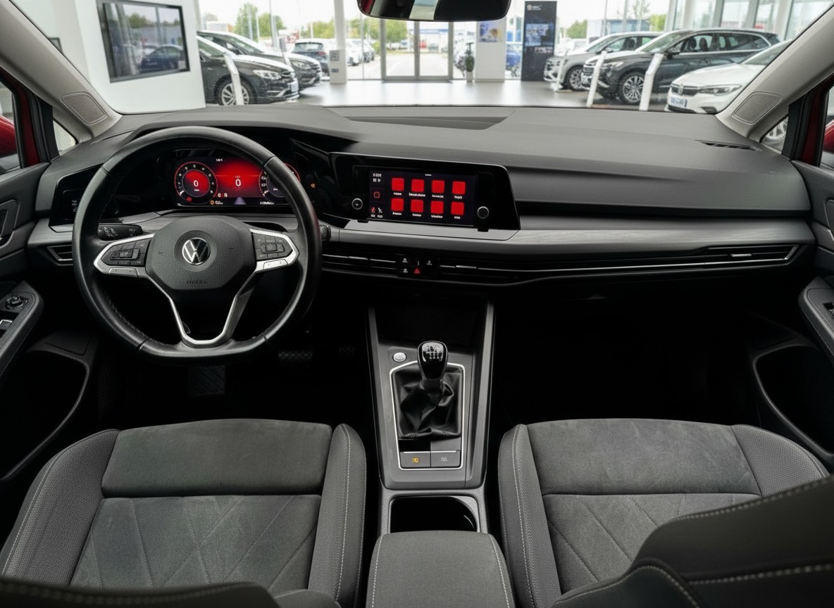 Volkswagen Golf Innenraum mit schwarzem Lenkrad, Digitaltacho und Infotainment-Bildschirm