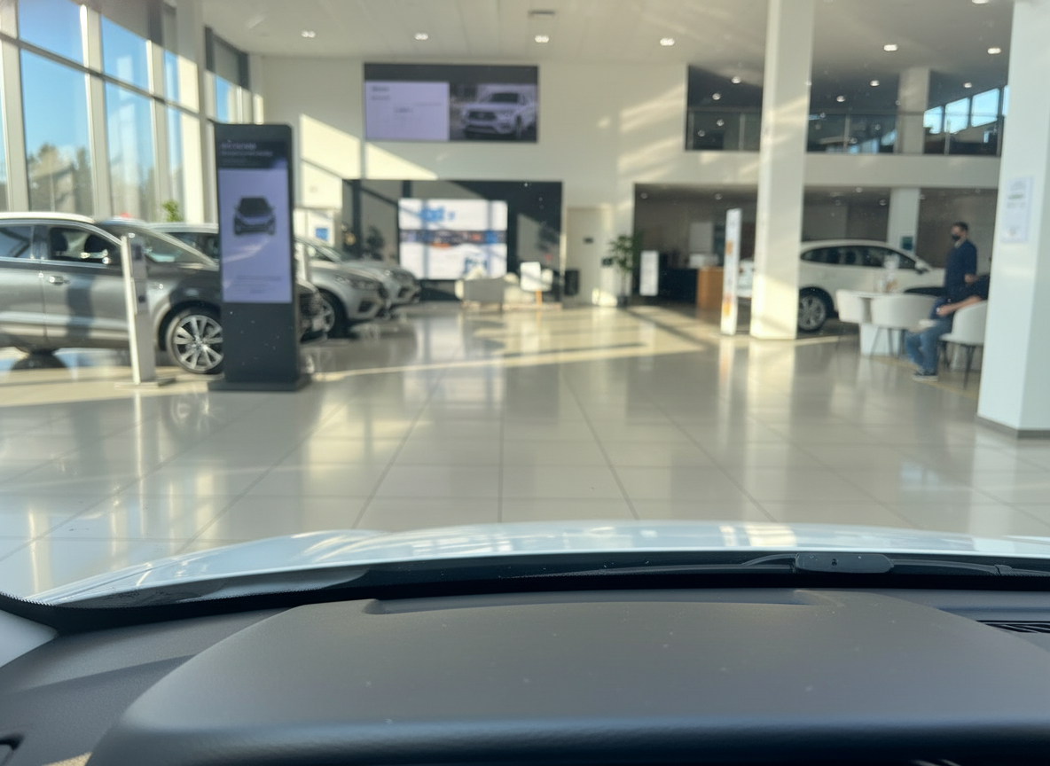 Blick durch die Windschutzscheibe eines Fahrzeugs in einem modernen Autohaus-Showroom