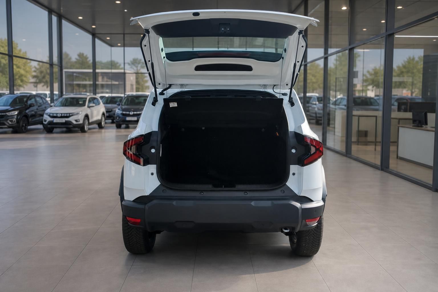Kofferraum Ansicht von hinten mit geöffneter Heckklappe eines weißen SUV im Autohaus