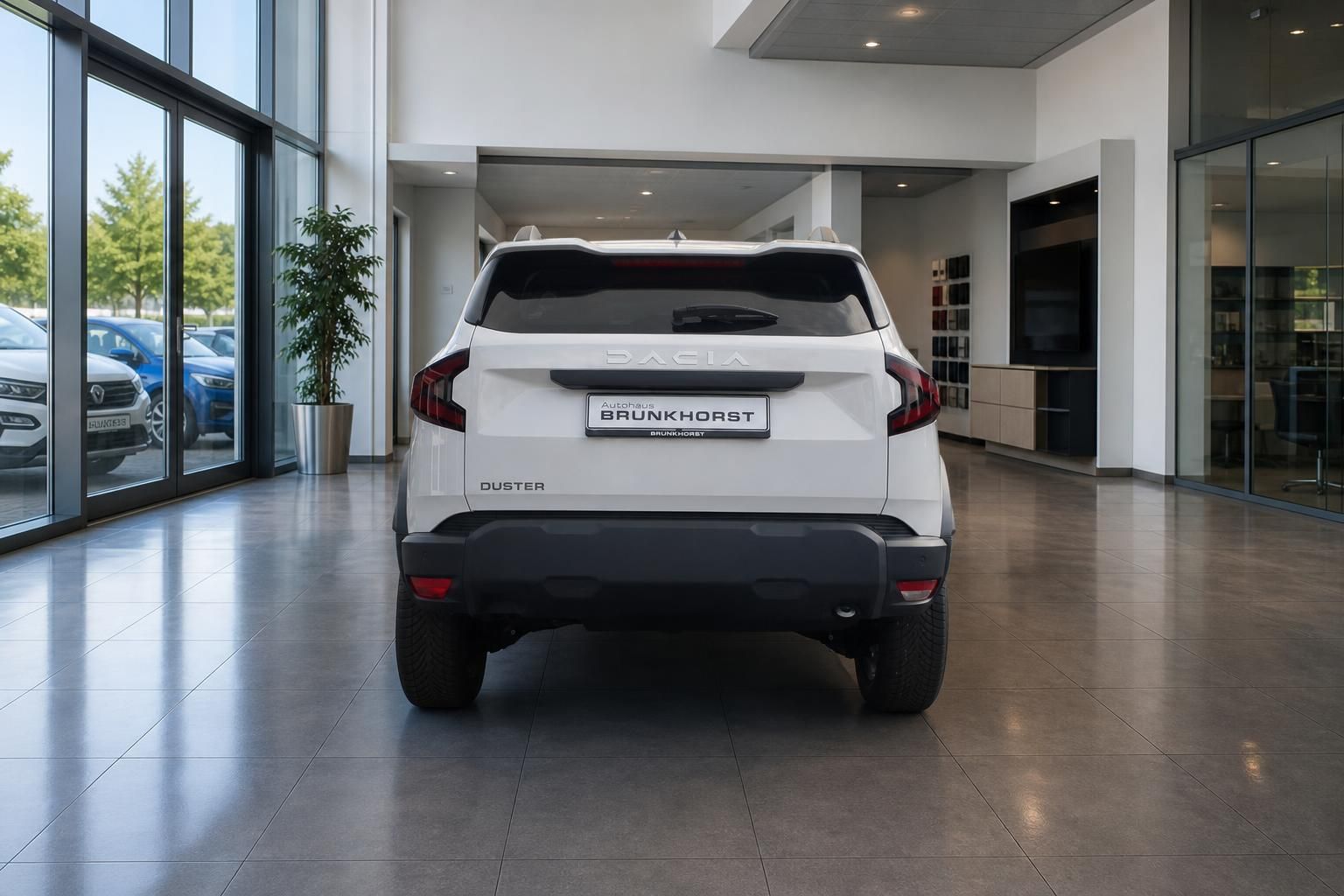 Weißer Dacia Duster SUV von hinten im Autohaus mit BRUNKHÖRST Kennzeichen