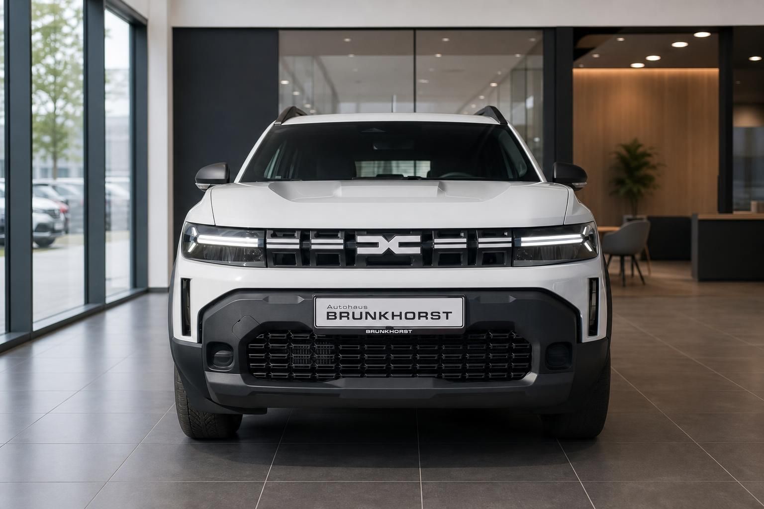 Weißer Dacia SUV Frontansicht im Autohaus mit BRUNKHÖRST Kennzeichen und LED-Scheinwerfern