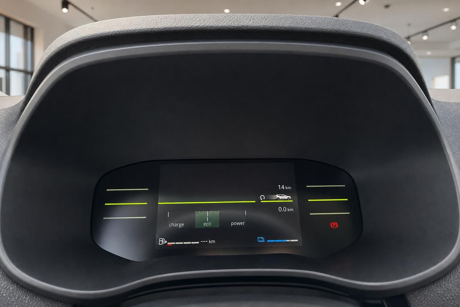 Digitales Kombiinstrument mit Ladestand und Reichweitenanzeige im Elektrofahrzeug