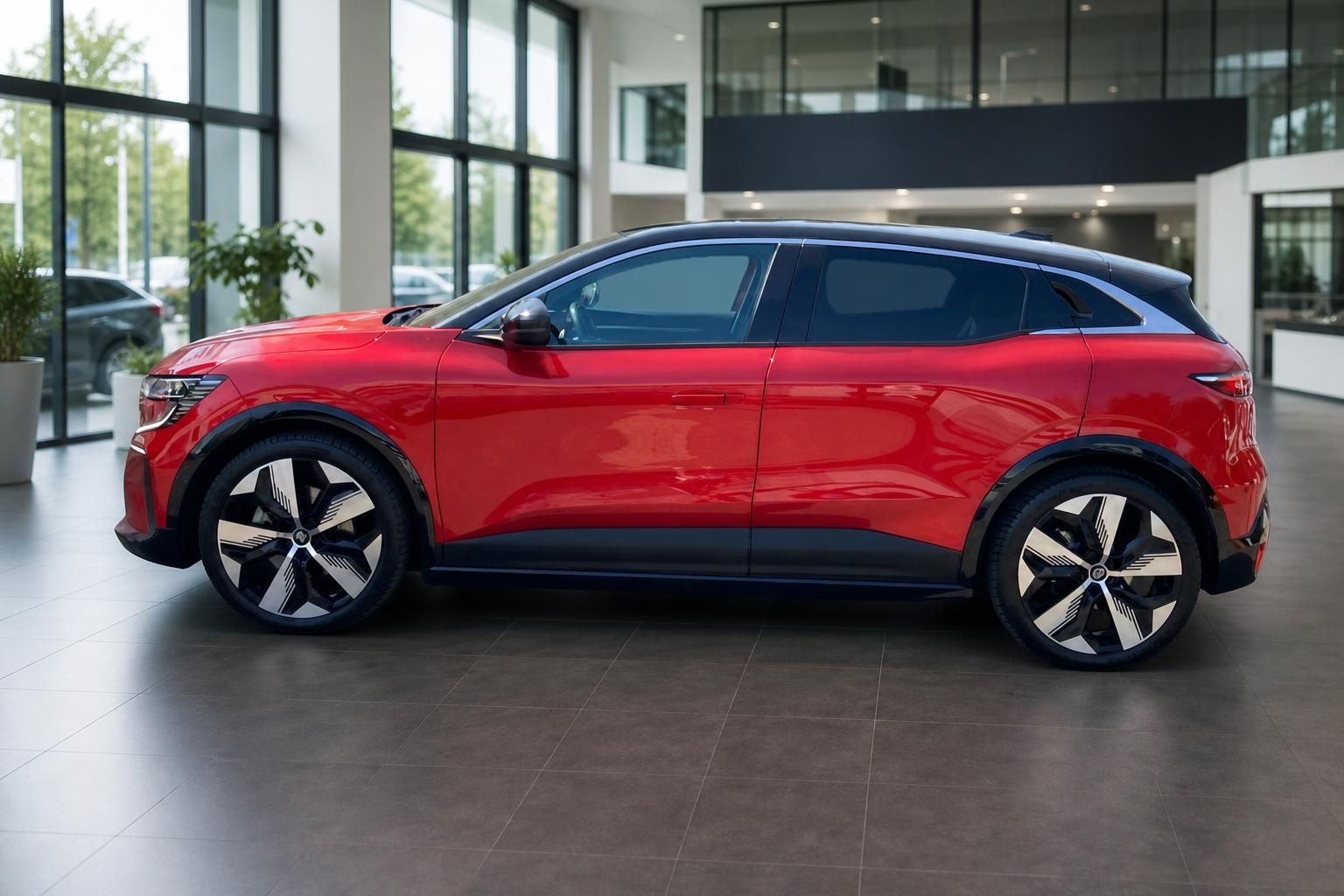 Renault Megane E-Tech rot Seitenansicht mit Leichtmetallfelgen