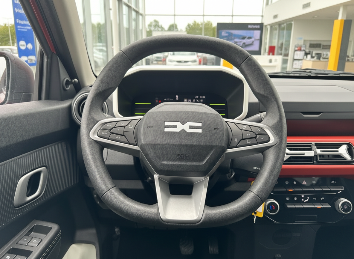 Dacia Innenraum mit Lenkrad und digitalem Cockpit in rotem Interieur
