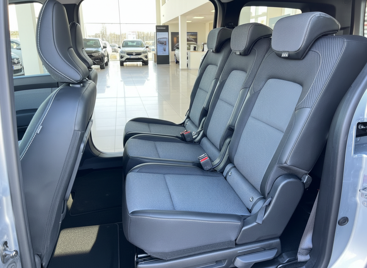 Fahrzeug-Innenraum mit drei Einzelsitzen in Schwarz-Grau, Sicherheitsgurte sichtbar, modernes Interieur