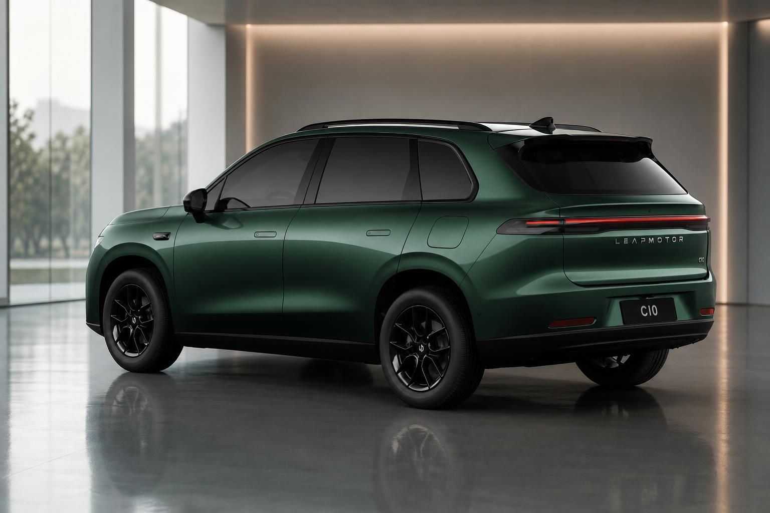 Leapmotor C10 gruen metallic, Heckansicht des Elektro-SUV im Showroom