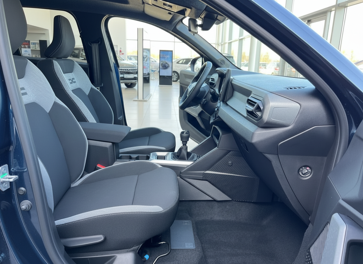 Dacia Innenraum Fahrersitz mit grau-schwarzer Polsterung und Schaltgetriebe im Autohaus