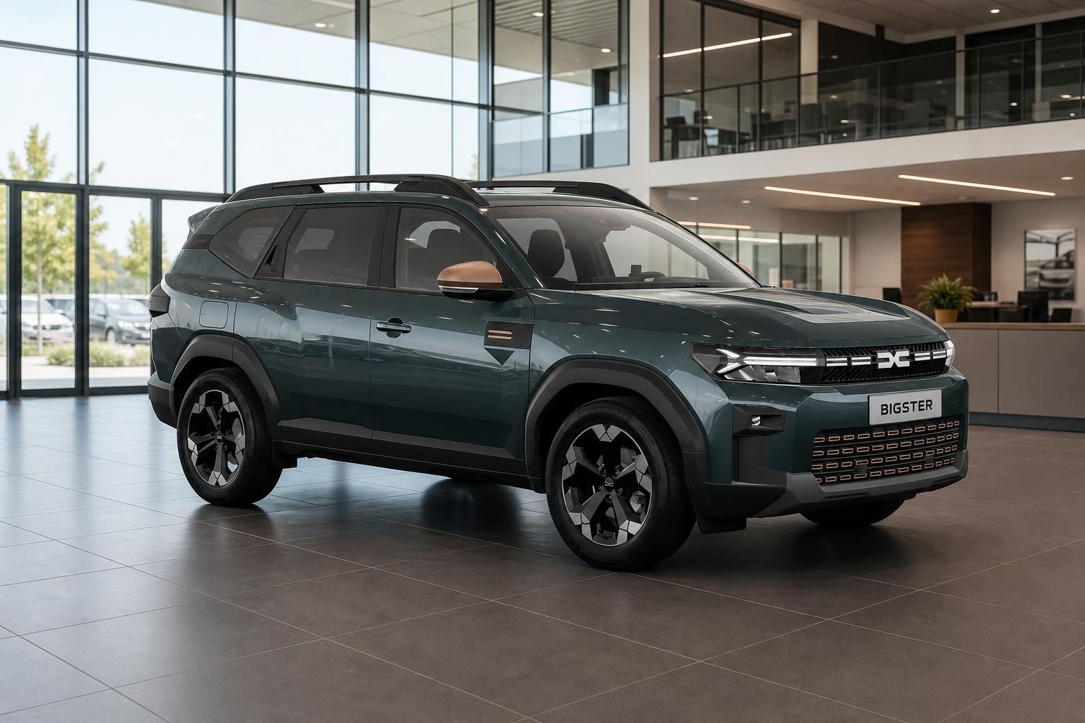 Dacia Bigster SUV grün, Frontansicht im modernen Showroom