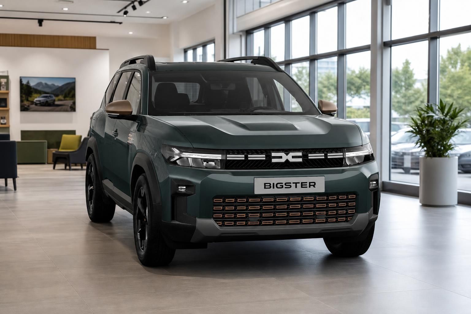 Dacia Bigster in Gruen, Seiten-Frontansicht im Showroom