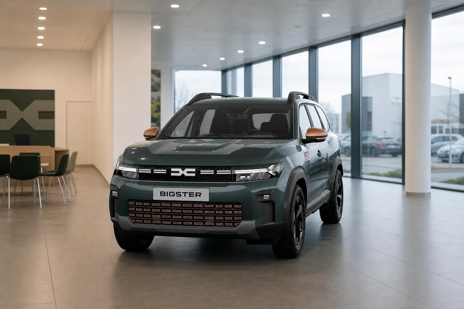 Dacia Bigster SUV in Gruen, Frontansicht im Autohaus-Showroom
