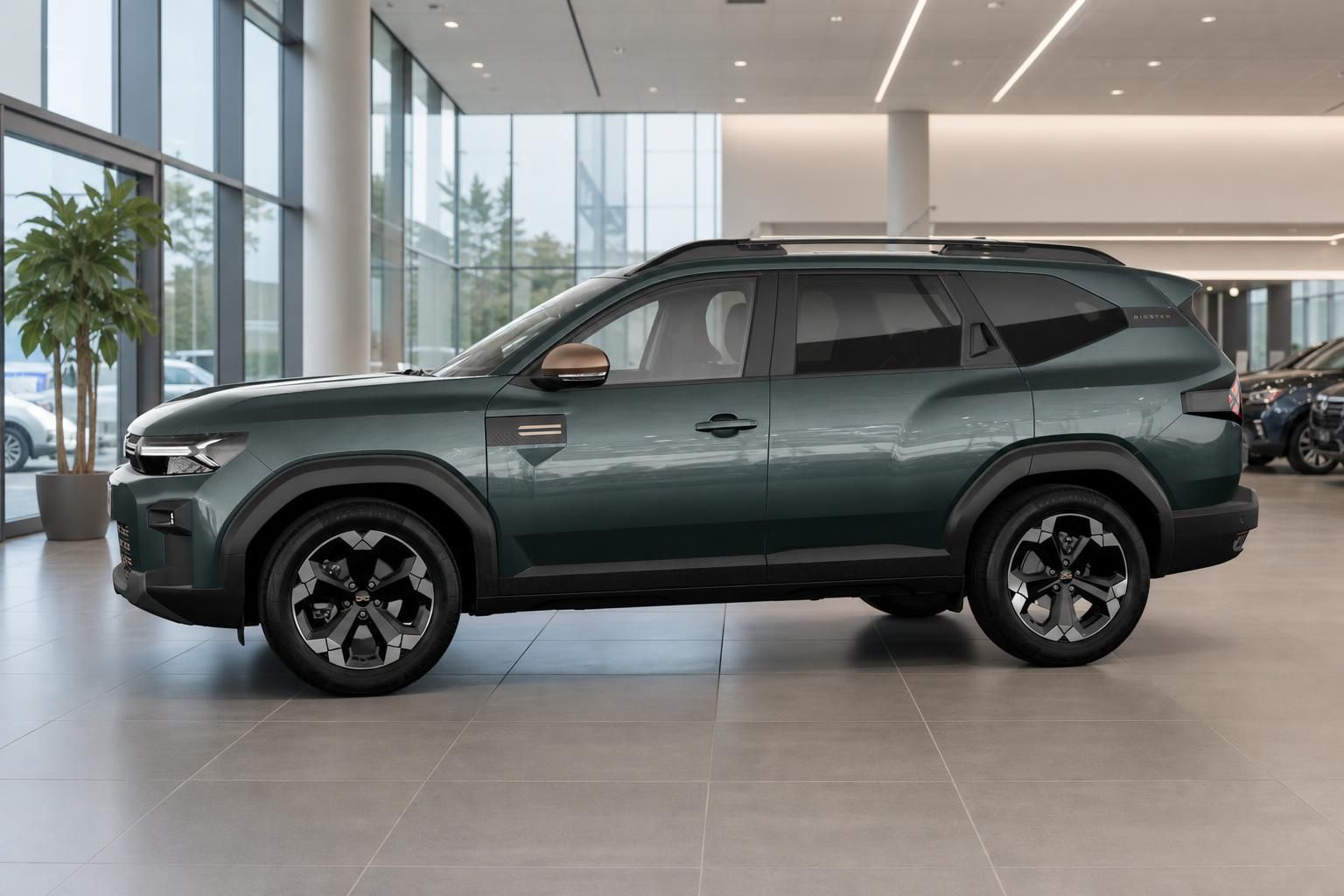 Dacia Bigster Seitenansicht in Gruen mit Panoramadach im Showroom