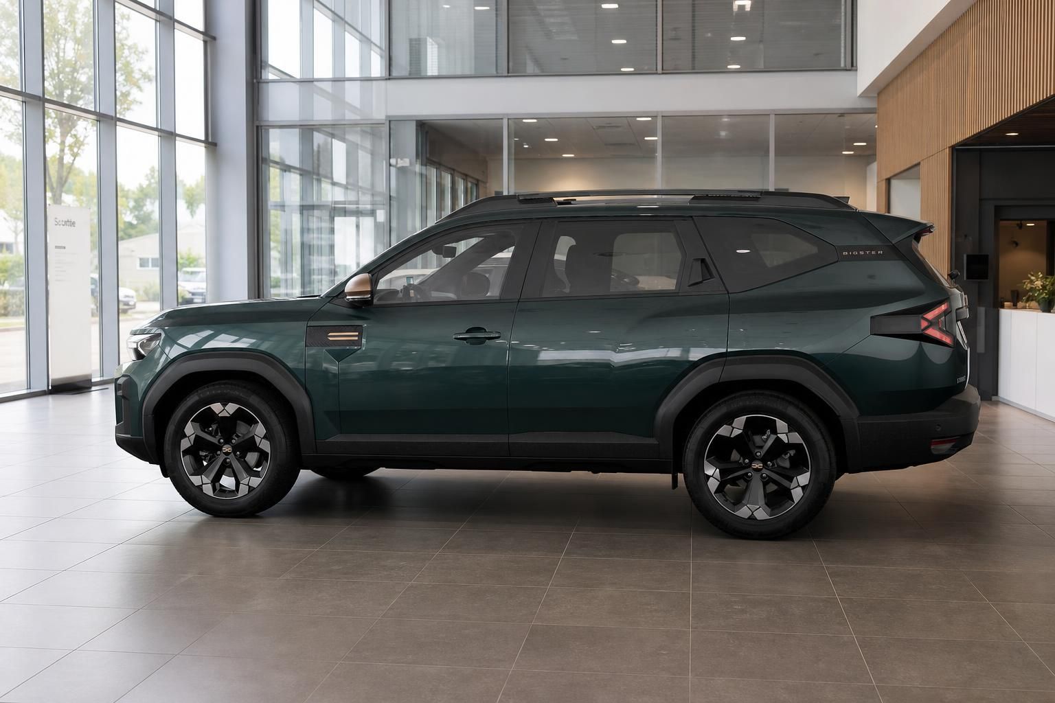 Dacia Bigster SUV Seitenansicht Gruen metallic im Autohaus