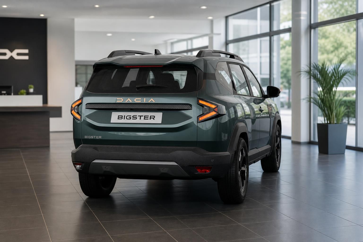 Dacia Bigster Heckansicht direkt mit Logo und Schriftzug im Showroom