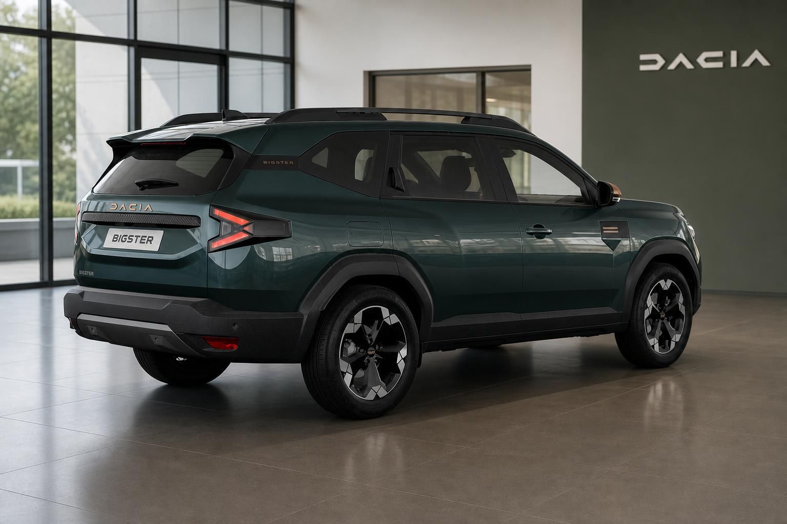 Dacia Bigster SUV grün, Heck- und Seitenansicht im Showroom