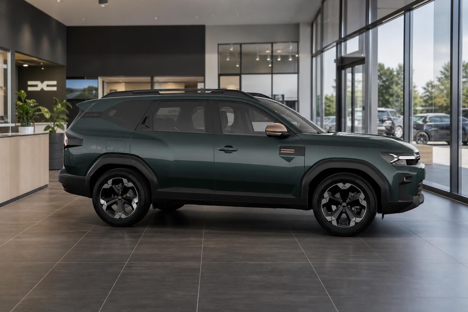 Dacia Bigster SUV in Grün, Seitenansicht im Autohaus-Showroom