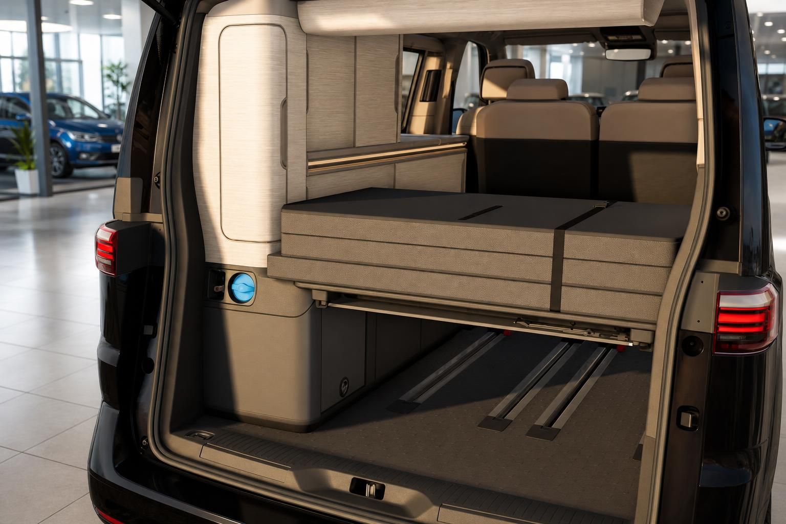 VW California Kofferraum mit Bettsystem und Ladefläche