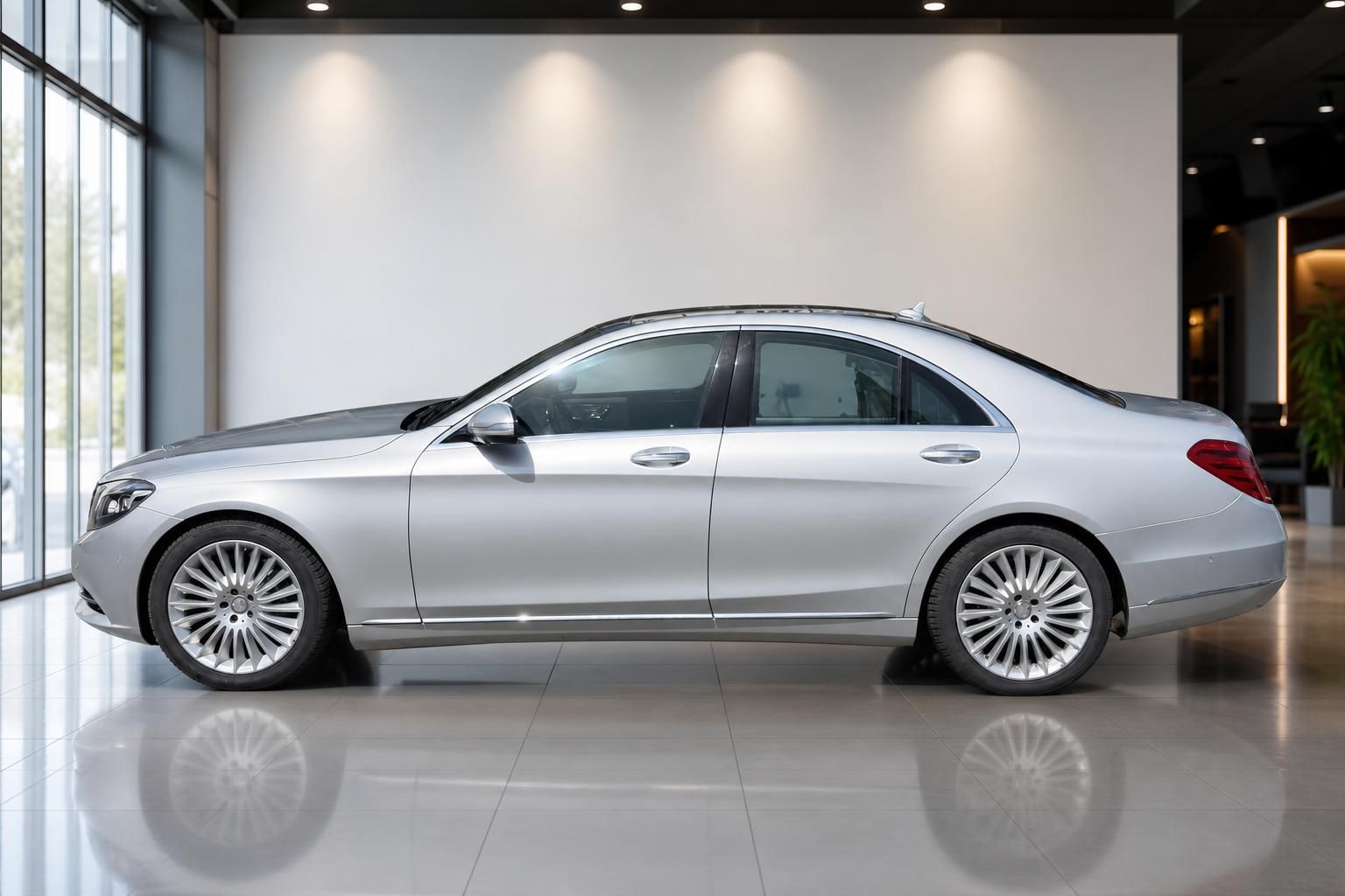 Mercedes-Benz S-Klasse silber Seitenansicht in Autohaus-Ausstellung