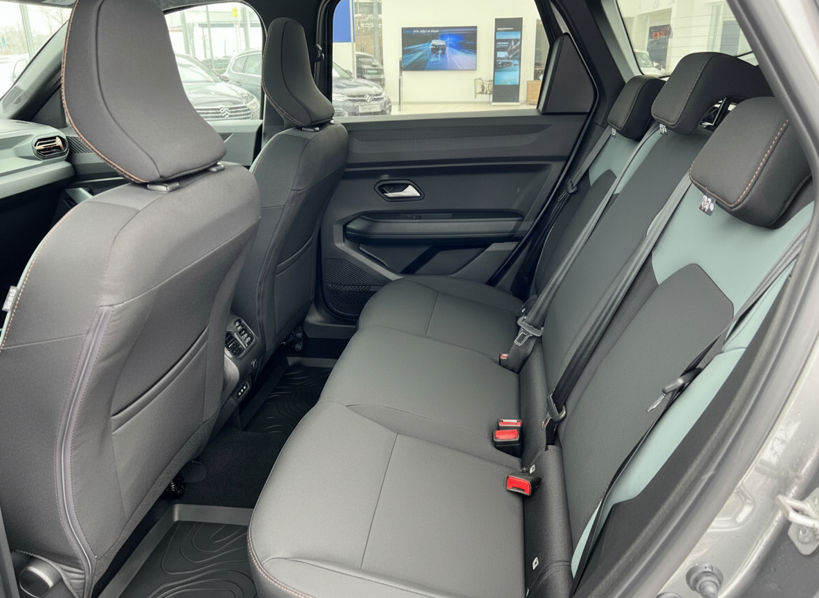 Fahrzeuginnenraum Rücksitzbank mit schwarzen Ledersitzen und Sicherheitsgurten SUV