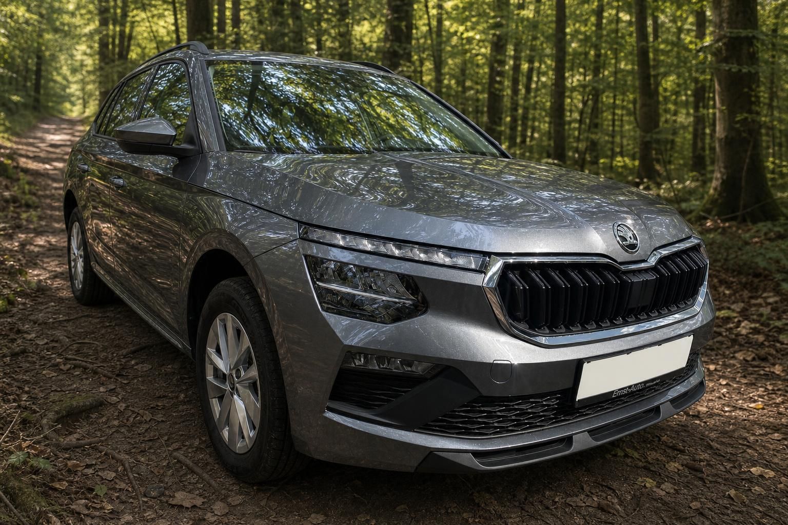 Škoda Kamiq SUV Frontansicht - graues Fahrzeug mit charakteristischem Kühlergrill und LED-Tagfahrlicht