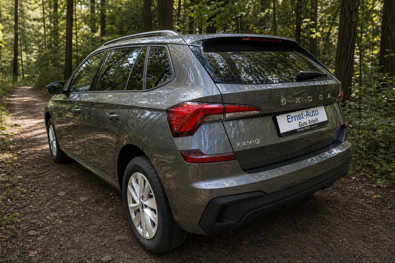 Skoda Kamiq SUV in grauer Metallic-Lackierung, Heckansicht mit Kennzeichen Ernst-Auto im Waldambiente