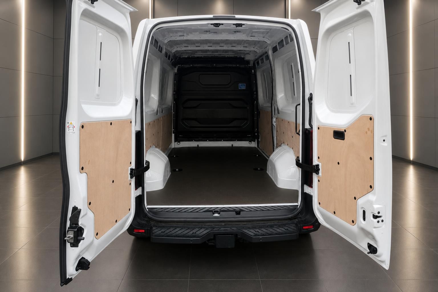 Transporter Laderaum mit geoeffneten Hecktueren und Holzverkleidung