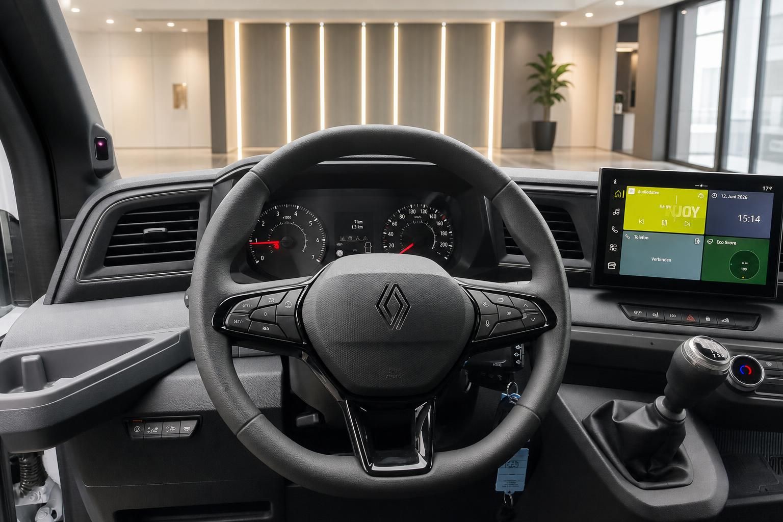 Lenkrad und Armaturenbrett im Innenraum eines Renault Nutzfahrzeugs