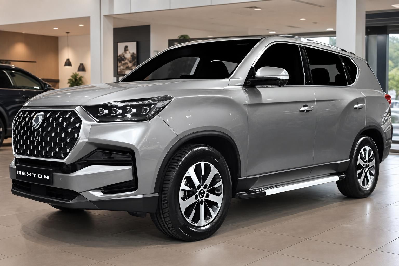 SsangYong Rexton Nexton SUV silber Frontschräge im Showroom – Geländewagen Neufahrzeug