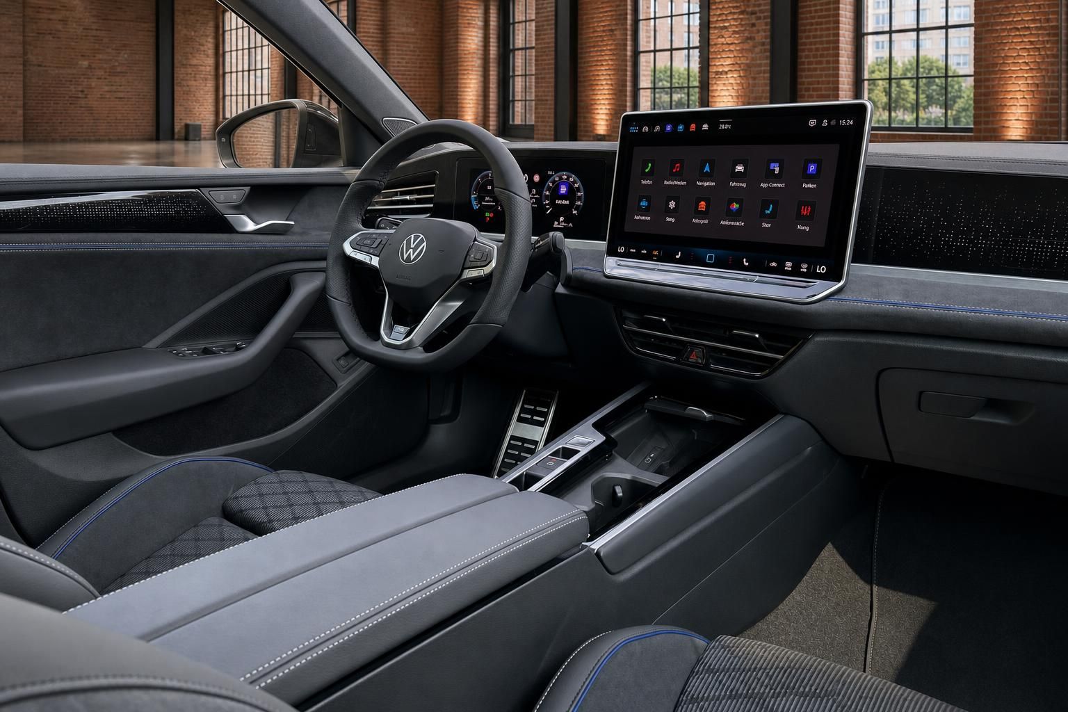 VW Fahrerplatz mit Lenkrad und großem Infotainment-Display