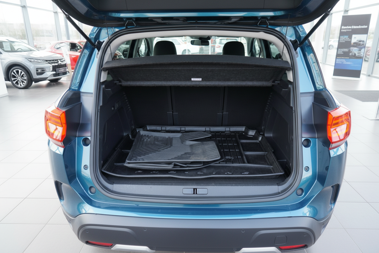 Blauer SUV Kofferraum geöffnet im Autohaus – Mitsubishi mit schwarzer Gummimatte