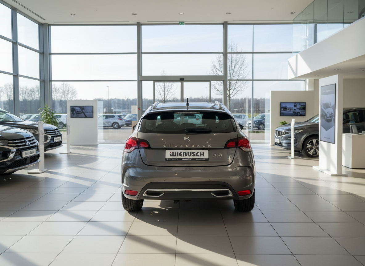 DS4 Crossback grau Heckansicht im Autohaus Wiebusch Showroom
