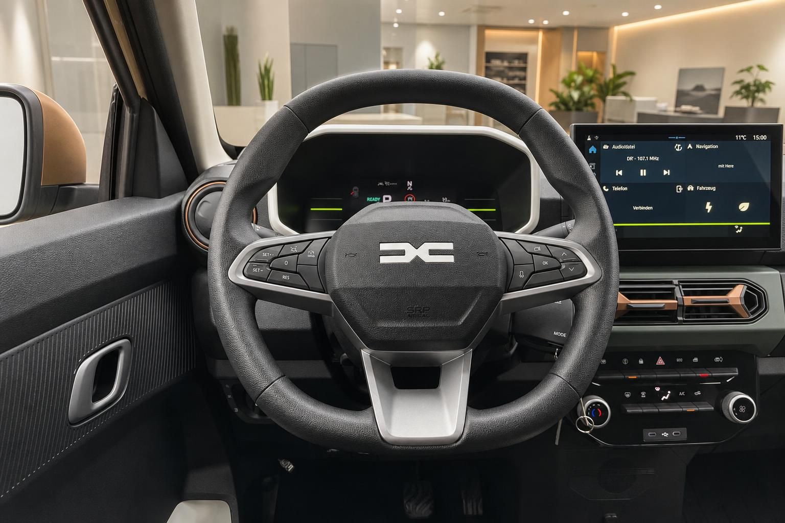 Dacia Spring Cockpit mit digitalem Display und Lenkrad - modernes Fahrzeuginterieur