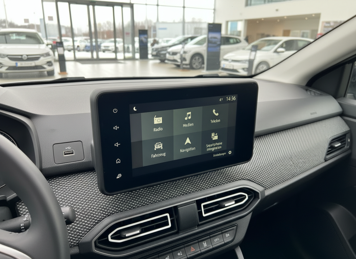 Infotainment-Touchscreen im Dacia Fahrzeug mit Navigation, Radio und Smartphone-Integration