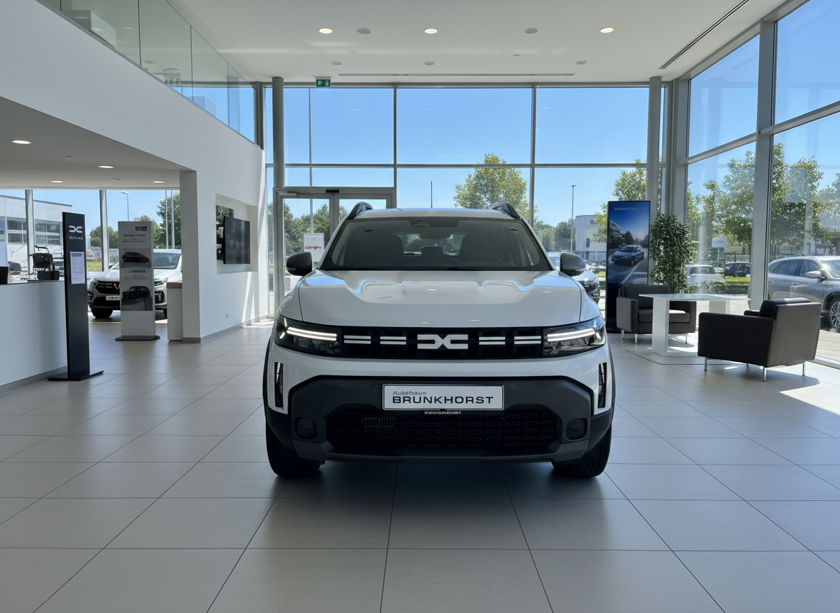 Weißer Dacia Duster SUV Frontansicht im Autohaus Brunkhorst Showroom