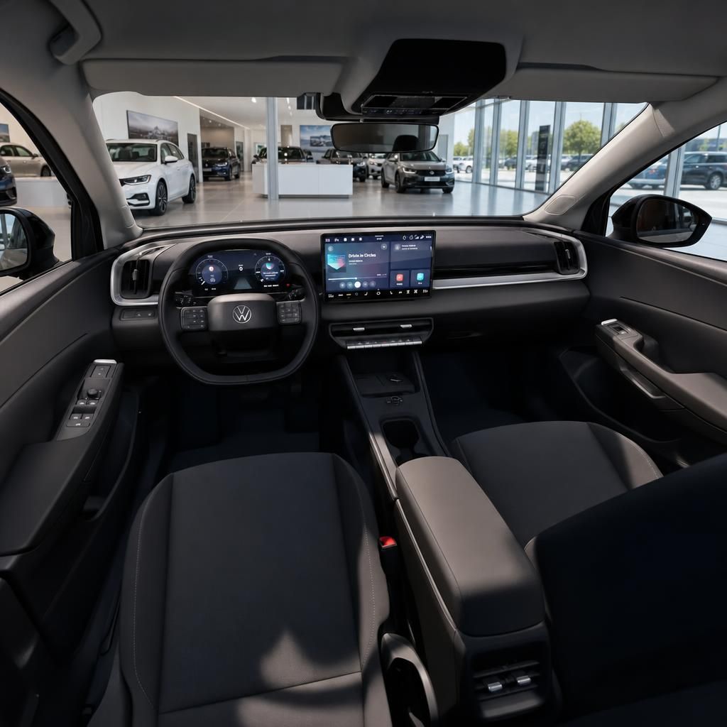 VW Innenraum mit Cockpit, Lenkrad und Digitaldisplay im Autohaus