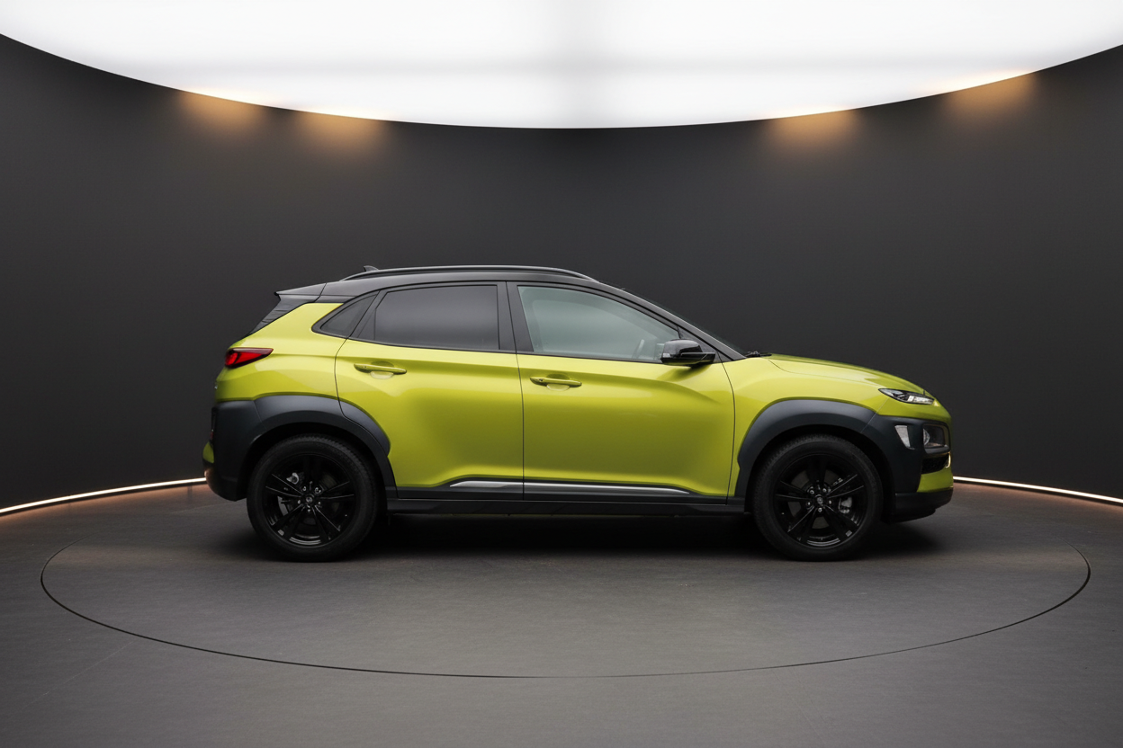 Hyundai Kona in Gelbgrün mit schwarzem Dach und schwarzen Felgen, Seitenansicht im Showroom