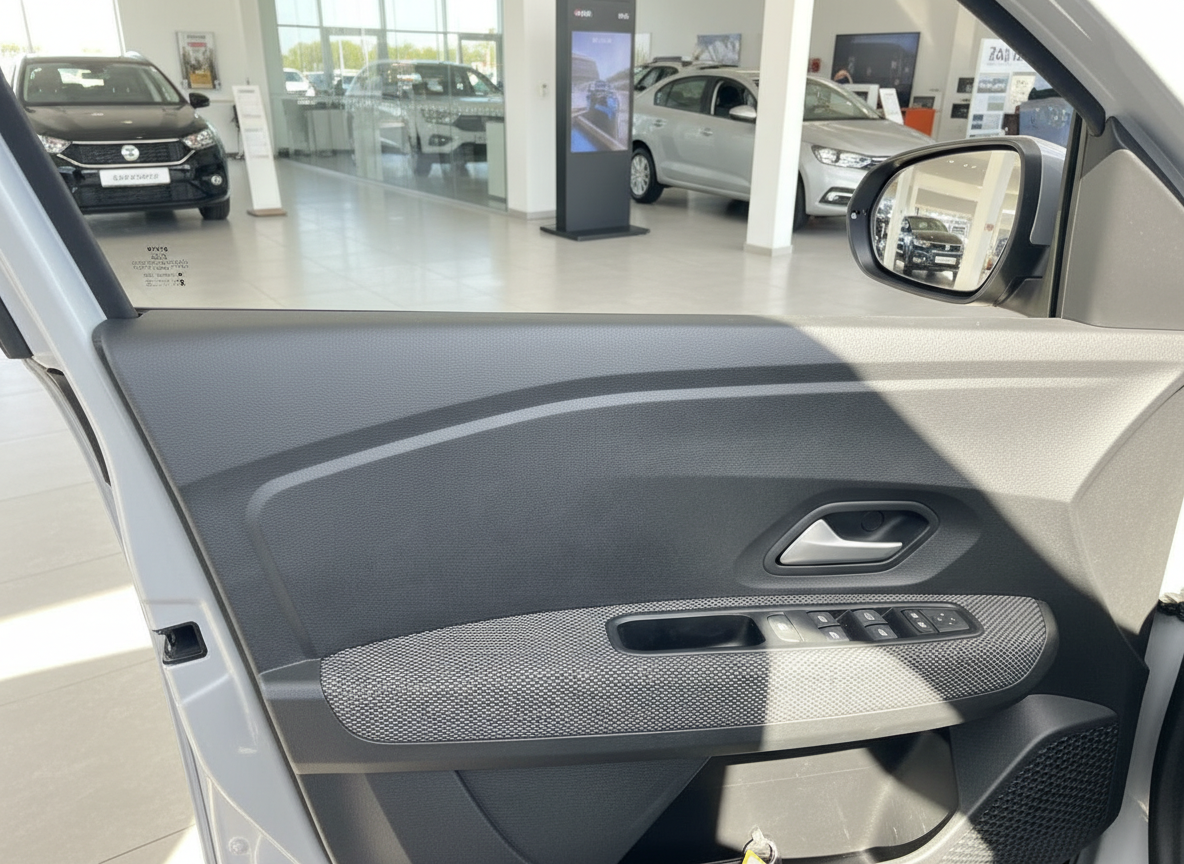 Fahrzeugtür Innenansicht mit Fensterheber-Schaltern und Seitenspiegel im Autohaus