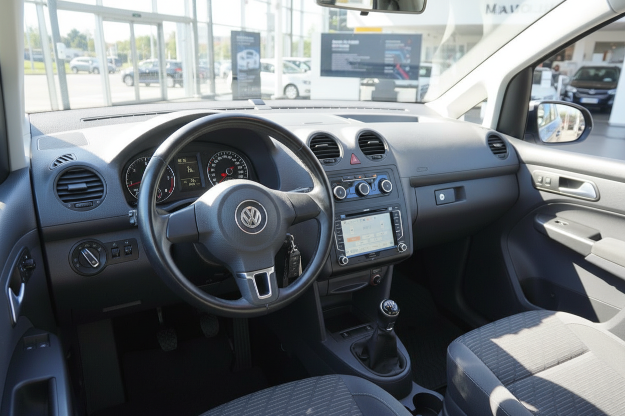 VW Caddy Innenraum mit Lenkrad, Armaturenbrett, Navigationssystem und Schaltgetriebe