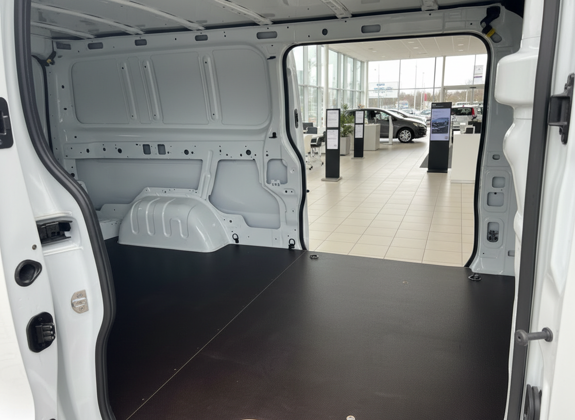 Weißer Kastenwagen Laderaum innen leer mit schwarzem Gummiboden im Autohaus