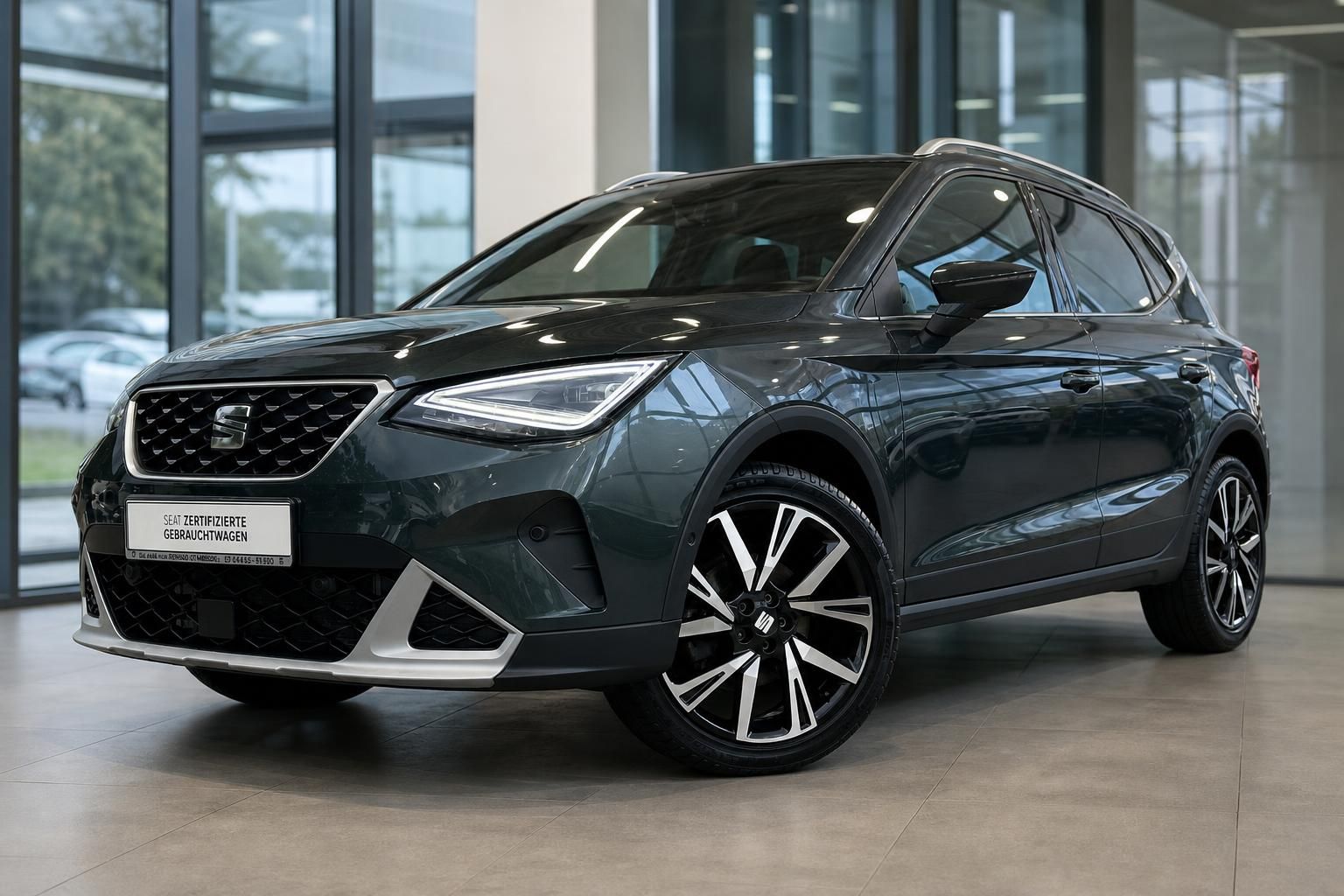 SEAT Arona in Dunkelgrün, Frontansicht im Autohaus