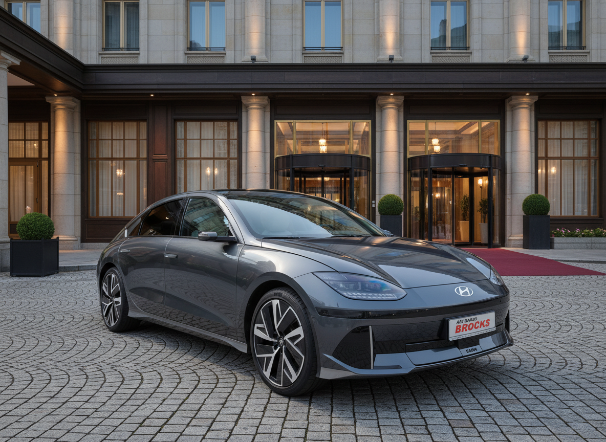 Grauer Hyundai IONIQ 6 Elektroauto in Seitenansicht vor elegantem Hoteleingang mit Säulen und rotem Teppich – Autohaus Brocks