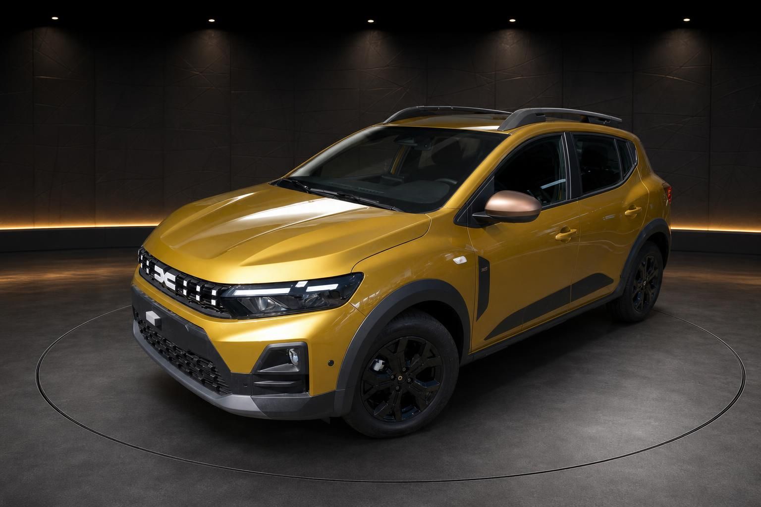 Dacia Sandero Stepway gelb Frontansicht schräg links im Showroom – kompakter SUV mit LED-Scheinwerfern