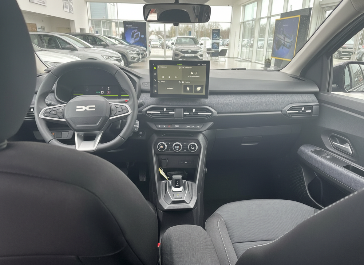 Dacia Innenraum mit Lenkrad, Touchscreen-Display und Automatikgetriebe im Autohaus