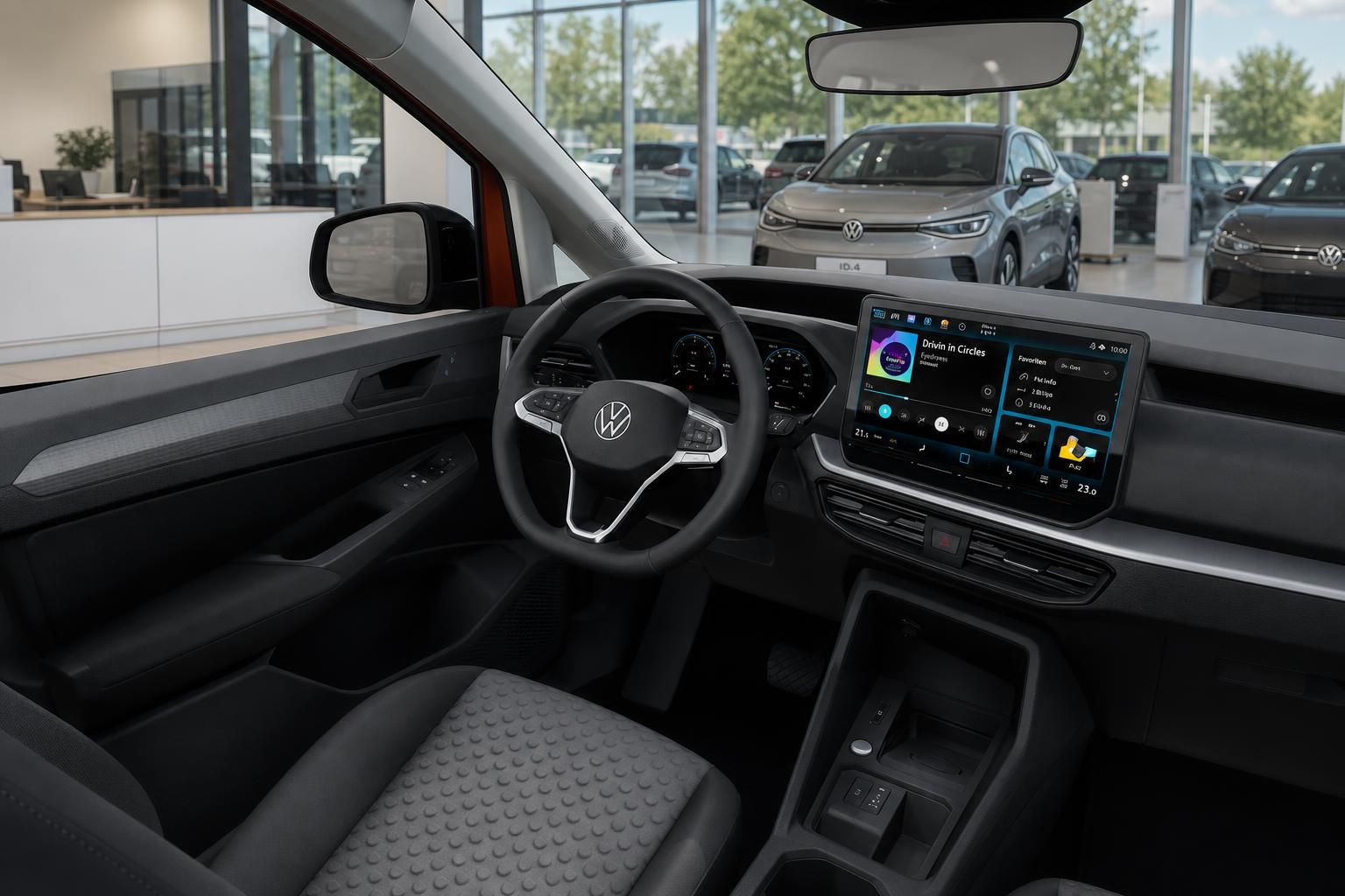 VW Caddy Cockpit mit Lenkrad und digitalem Infotainment-Display