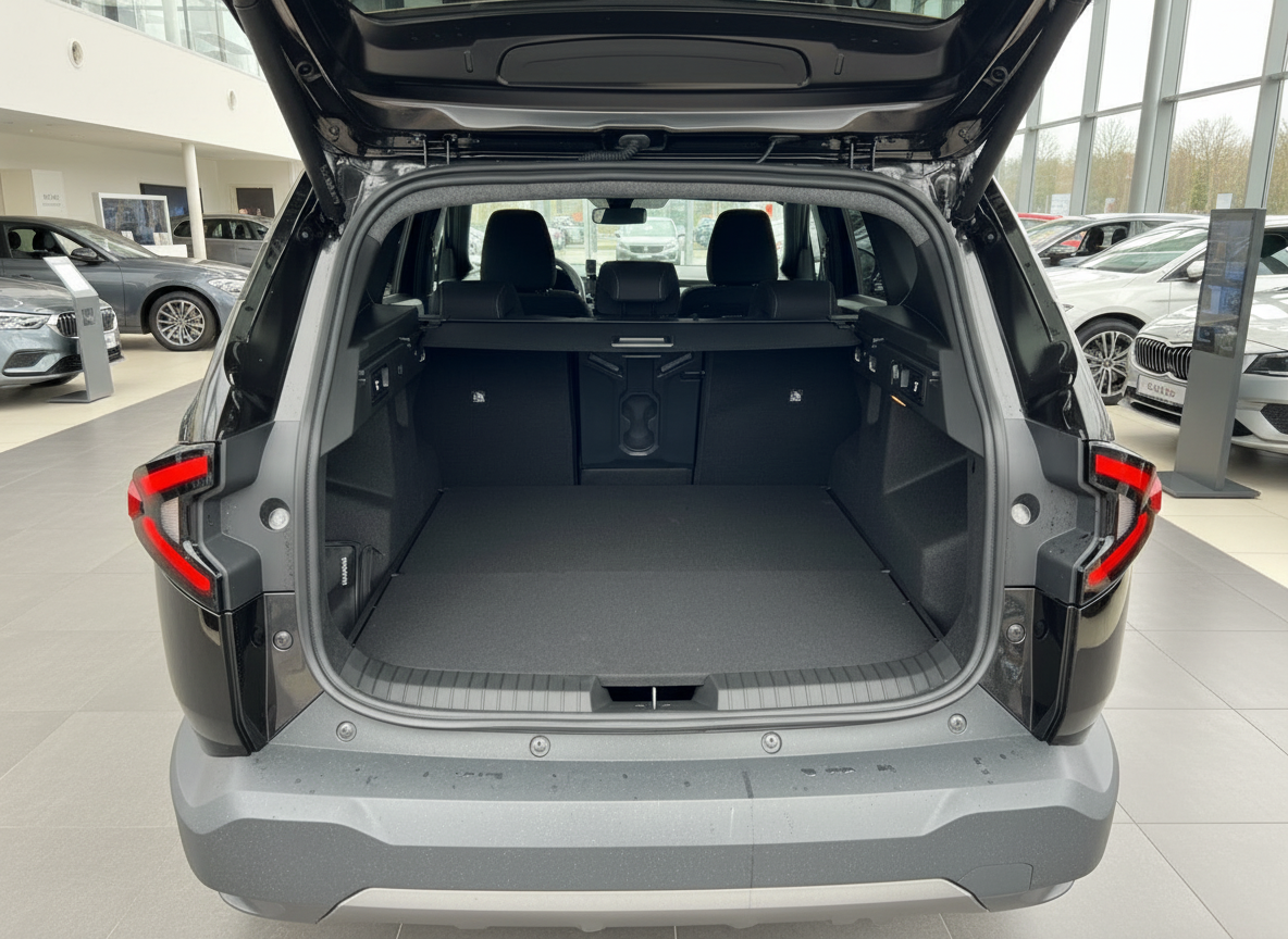 Geöffneter Kofferraum eines schwarzen SUV in Autohaus mit flach gelegten Rücksitzen