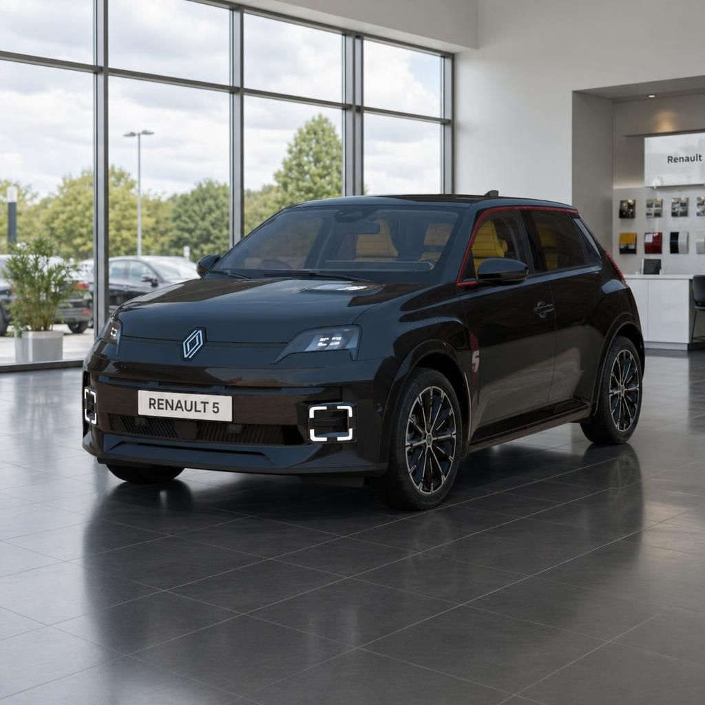 Renault 5 Elektroauto in schwarz, Frontansicht im Autohaus Showroom
