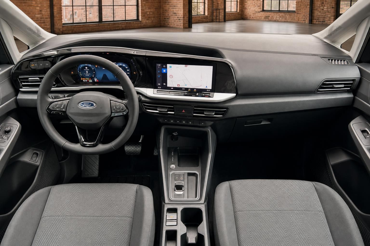 Cockpit Ford mit Lenkrad, Digitaltacho und Navigationssystem im Detail